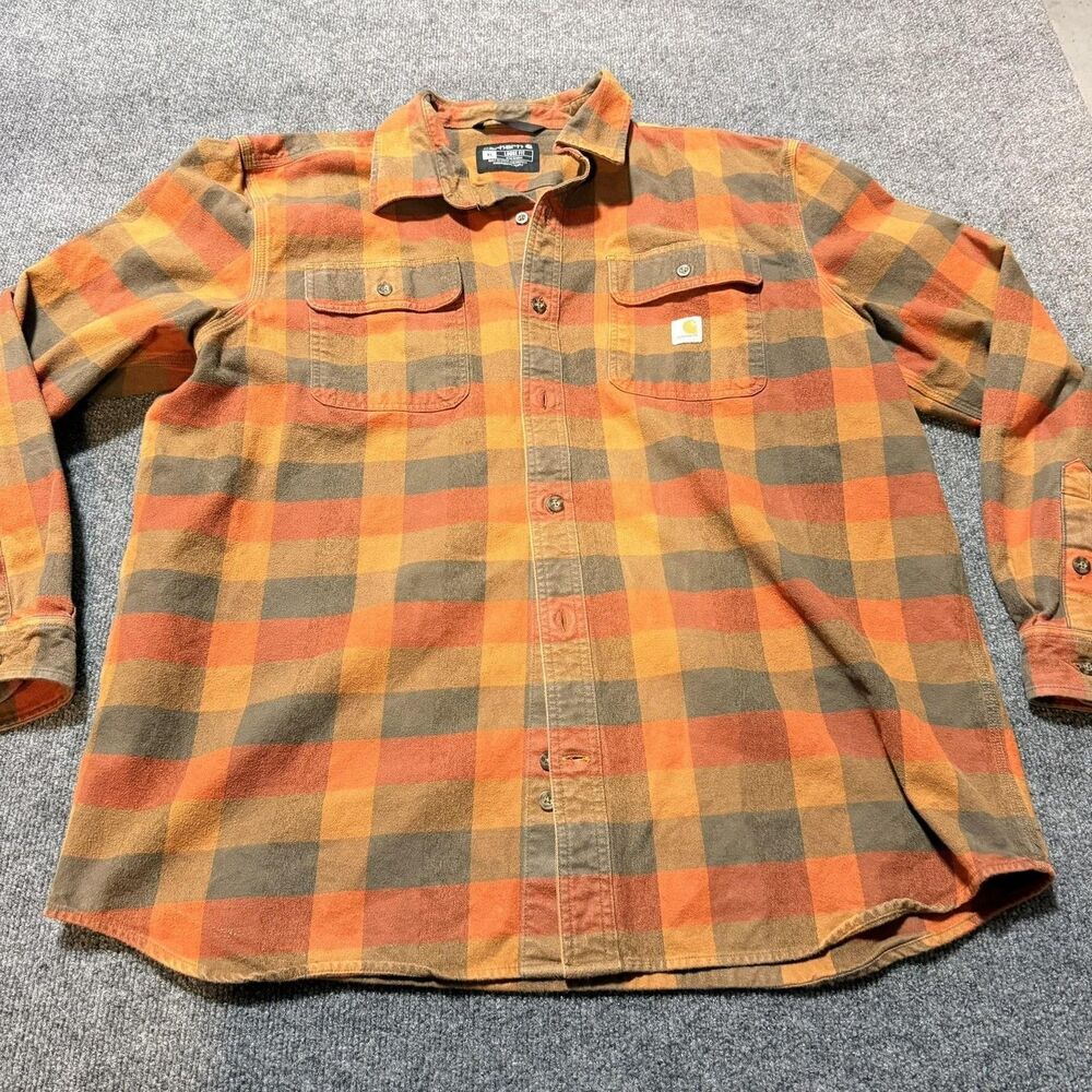 Carhartt Shirt Mens XL Orange Plaid Flannel Long Sleeve Button Up Workwear